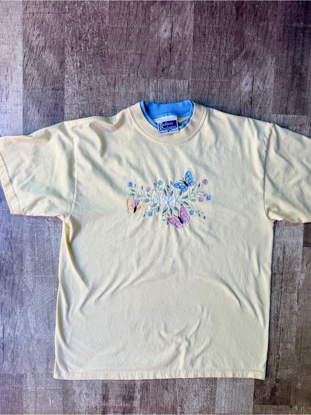 Vintage Endless Designs Yellow Embroidered Butterfly Tee Double Collar Pastel